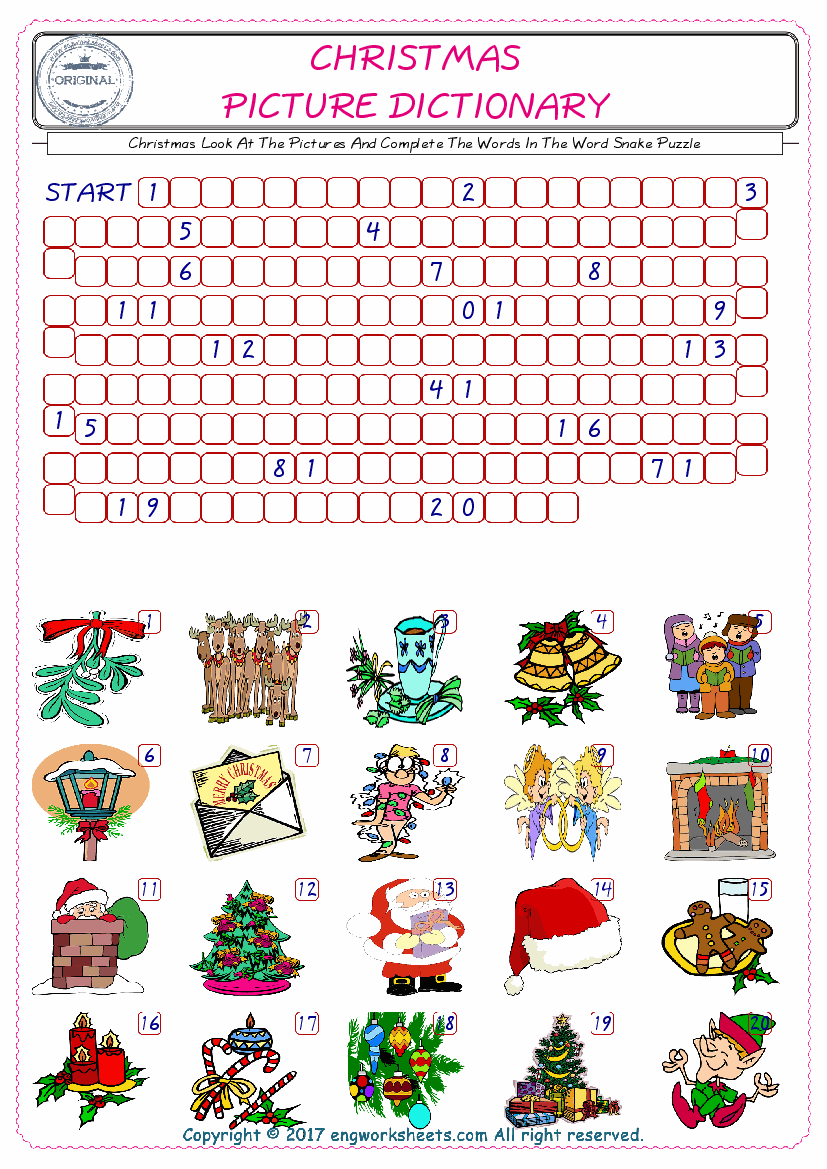  Check the Illustrations of Christmas english worksheets for kids, and Supply the Missing Words in the Word Snake Puzzle ESL play. 